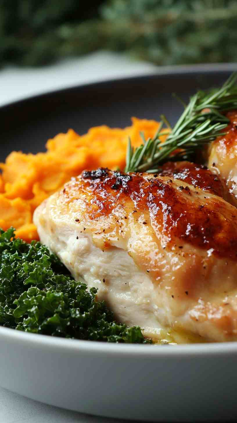 Roasted Chicken with Sweet Potato Mash and Kale