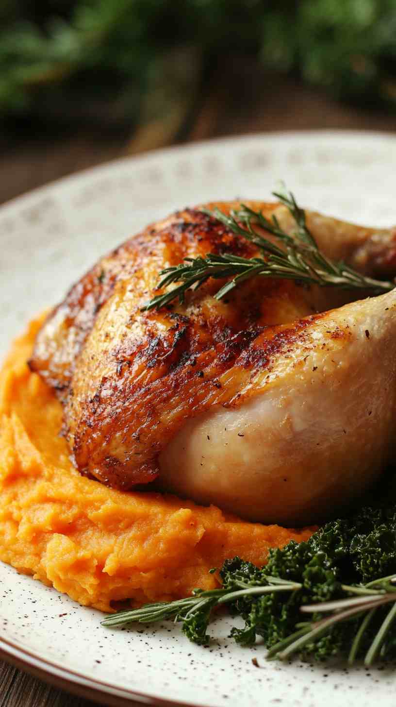 Roasted Chicken with Sweet Potato Mash and Kale