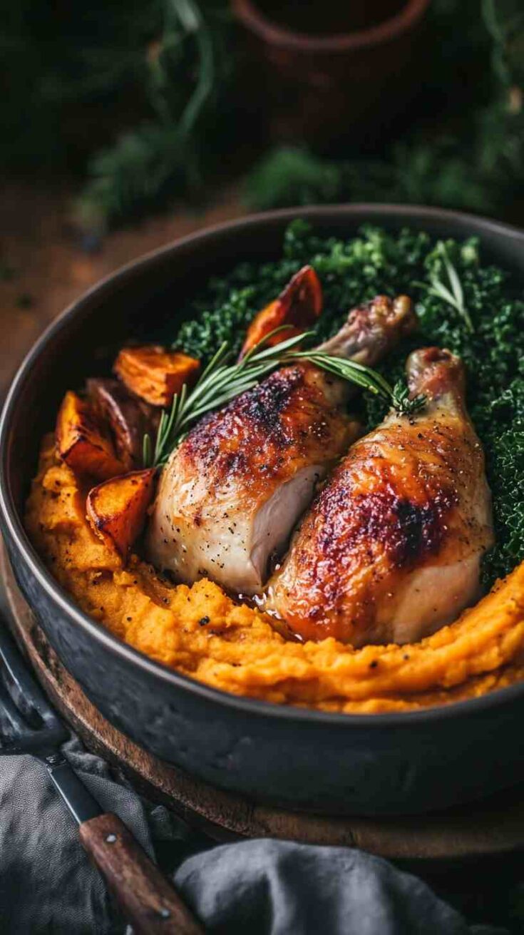 Roasted Chicken with Sweet Potato Mash and Kale