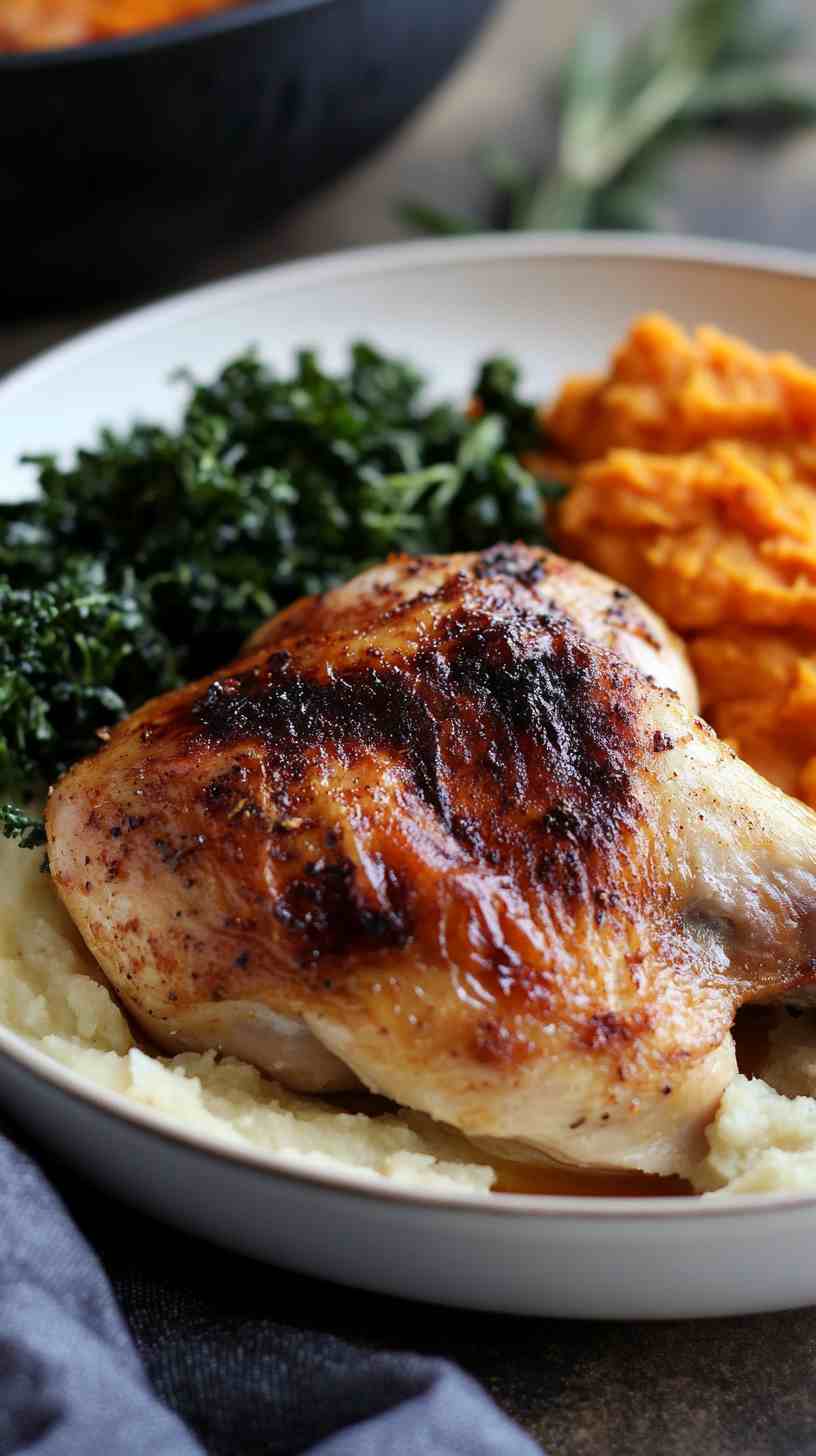Roasted Chicken with Sweet Potato Mash and Kale