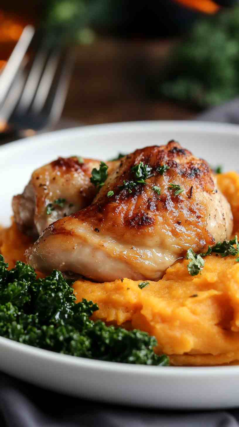 Roasted Chicken with Sweet Potato Mash and Kale