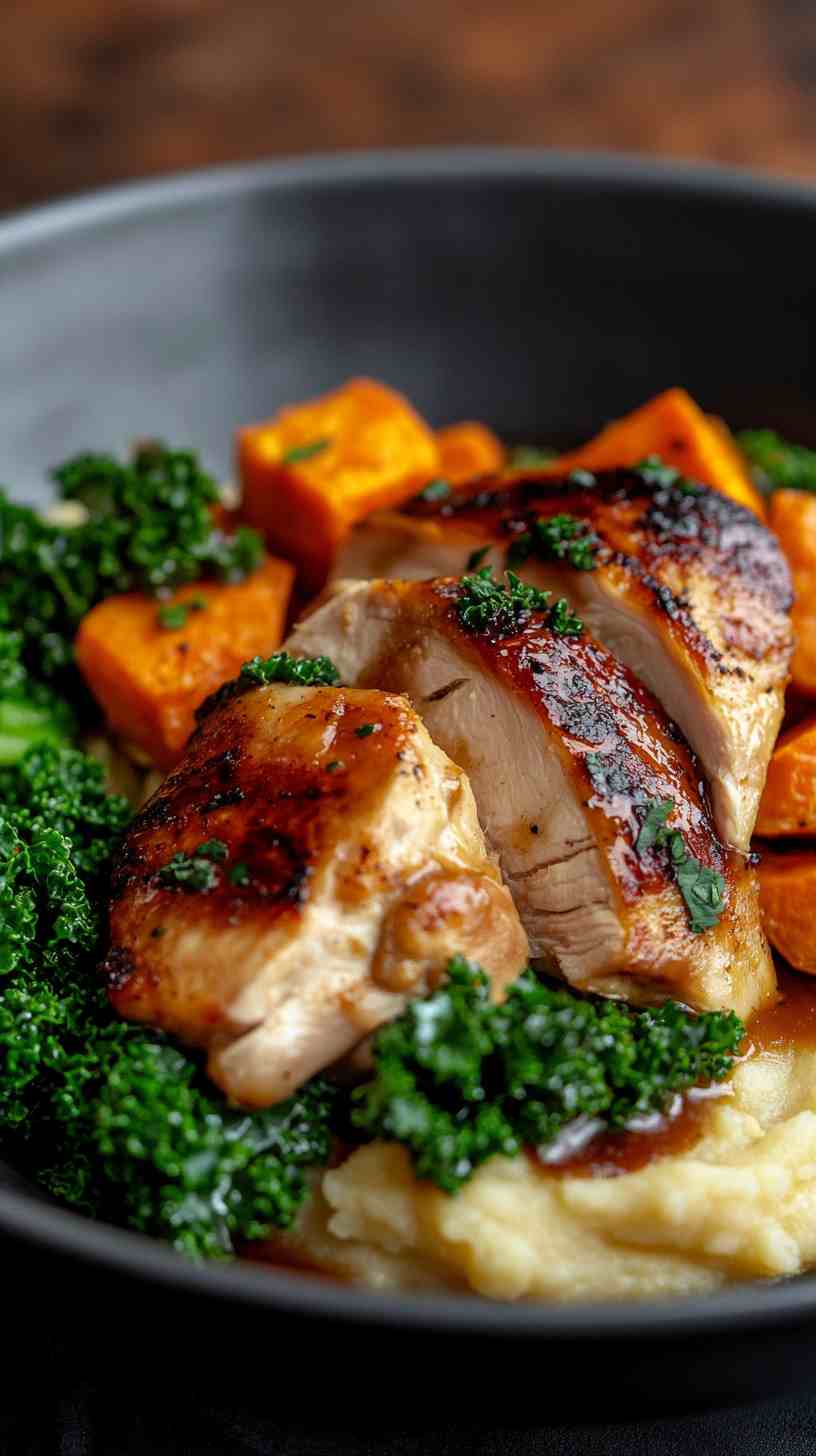 Roasted Chicken with Sweet Potato Mash and Kale