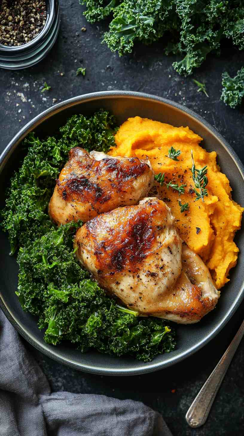 Roasted Chicken with Sweet Potato Mash and Kale