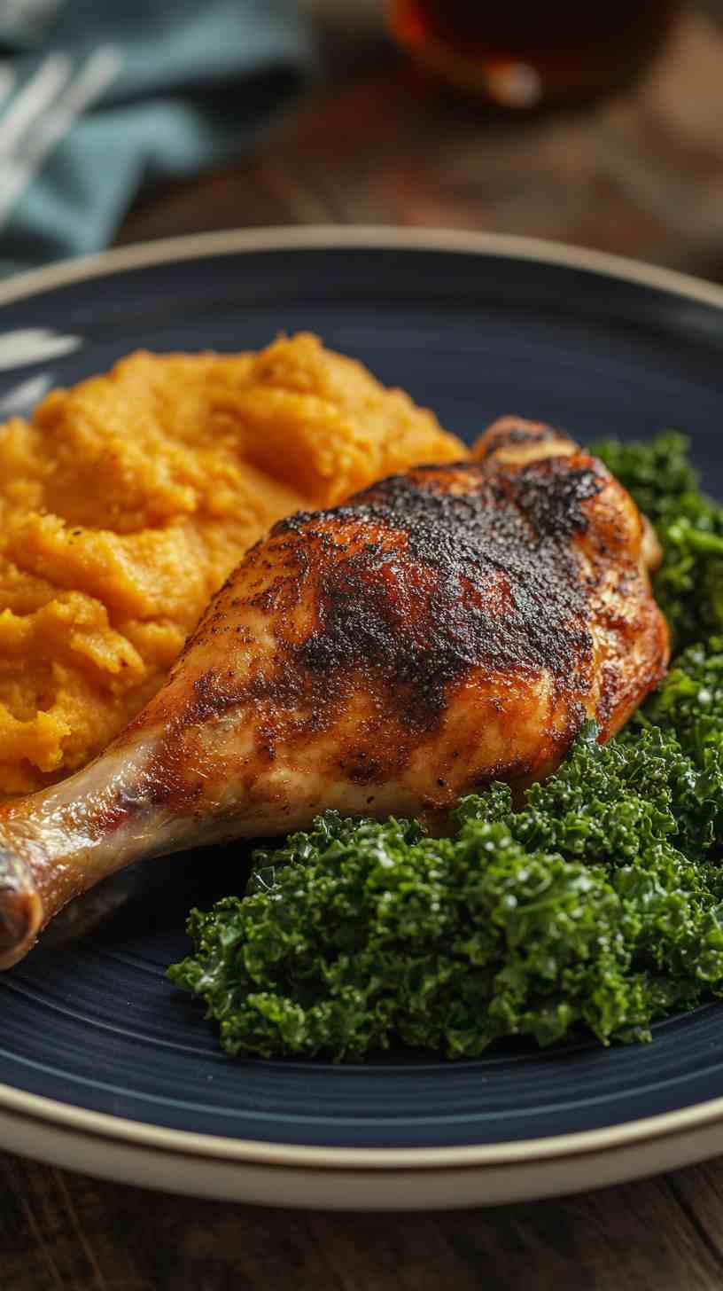 Roasted Chicken with Sweet Potato Mash and Kale