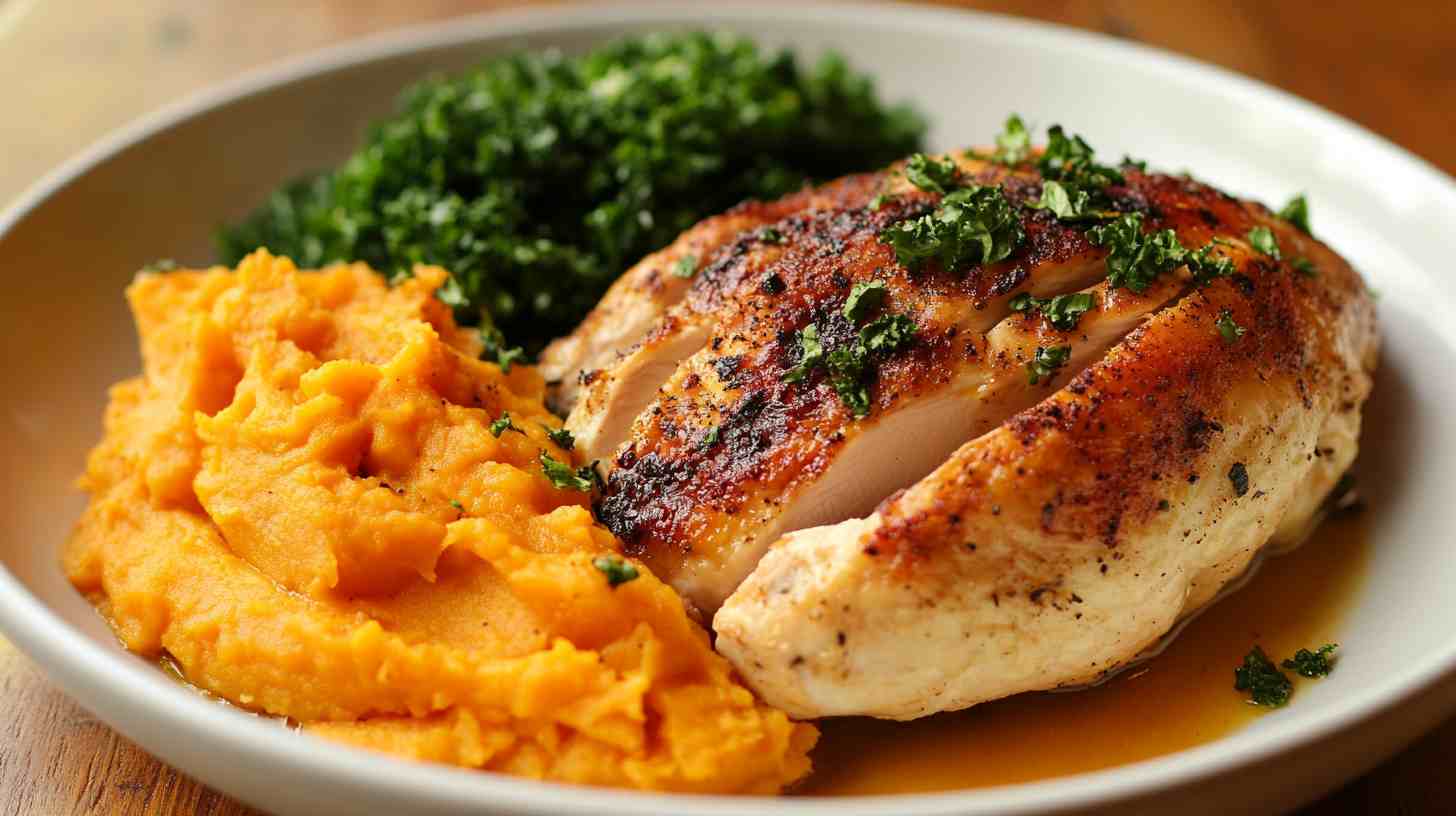 Roasted Chicken with Sweet Potato Mash and Kale