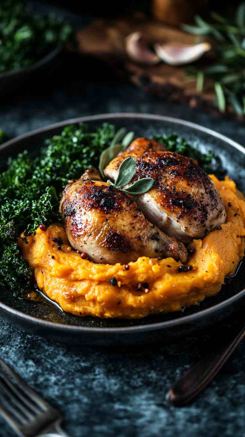 Roasted Chicken with Sweet Potato Mash and Kale