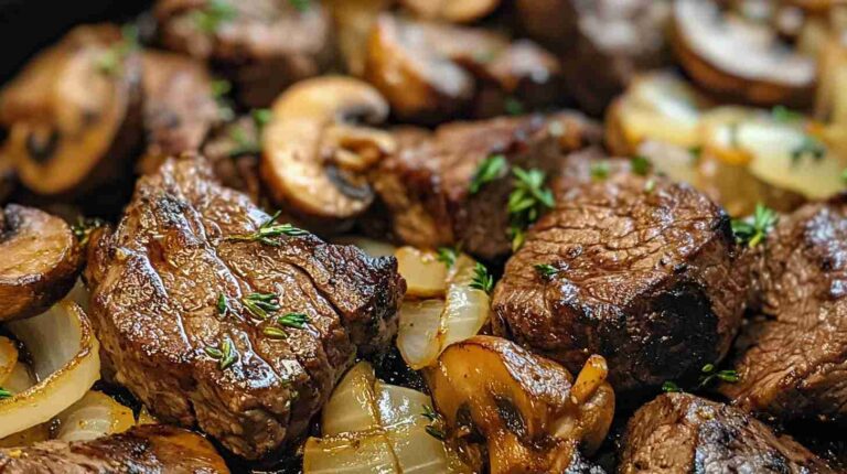 Air Fryer Steak Tips with Mushrooms and Onions
