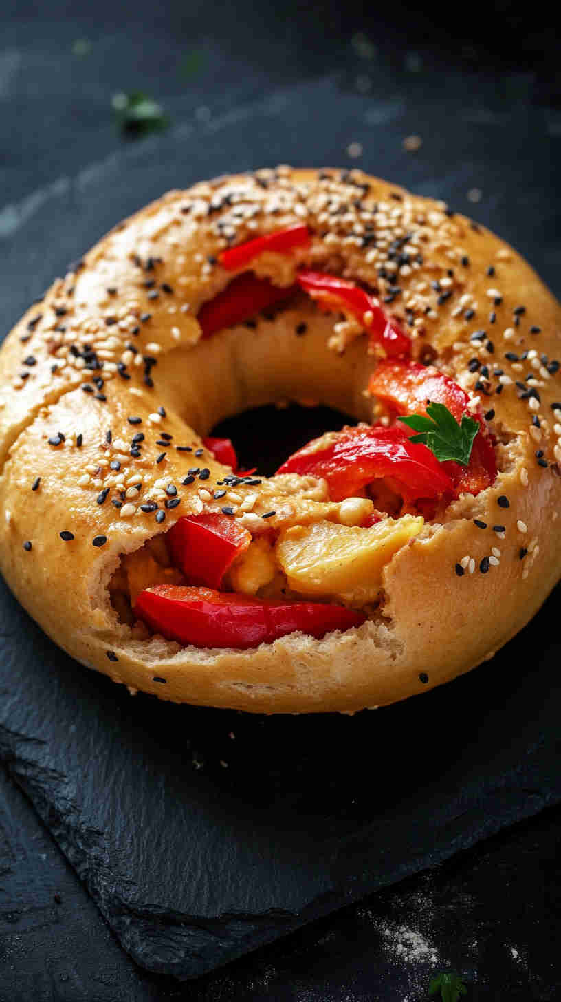 Hummus and Roasted Red Pepper Bagel