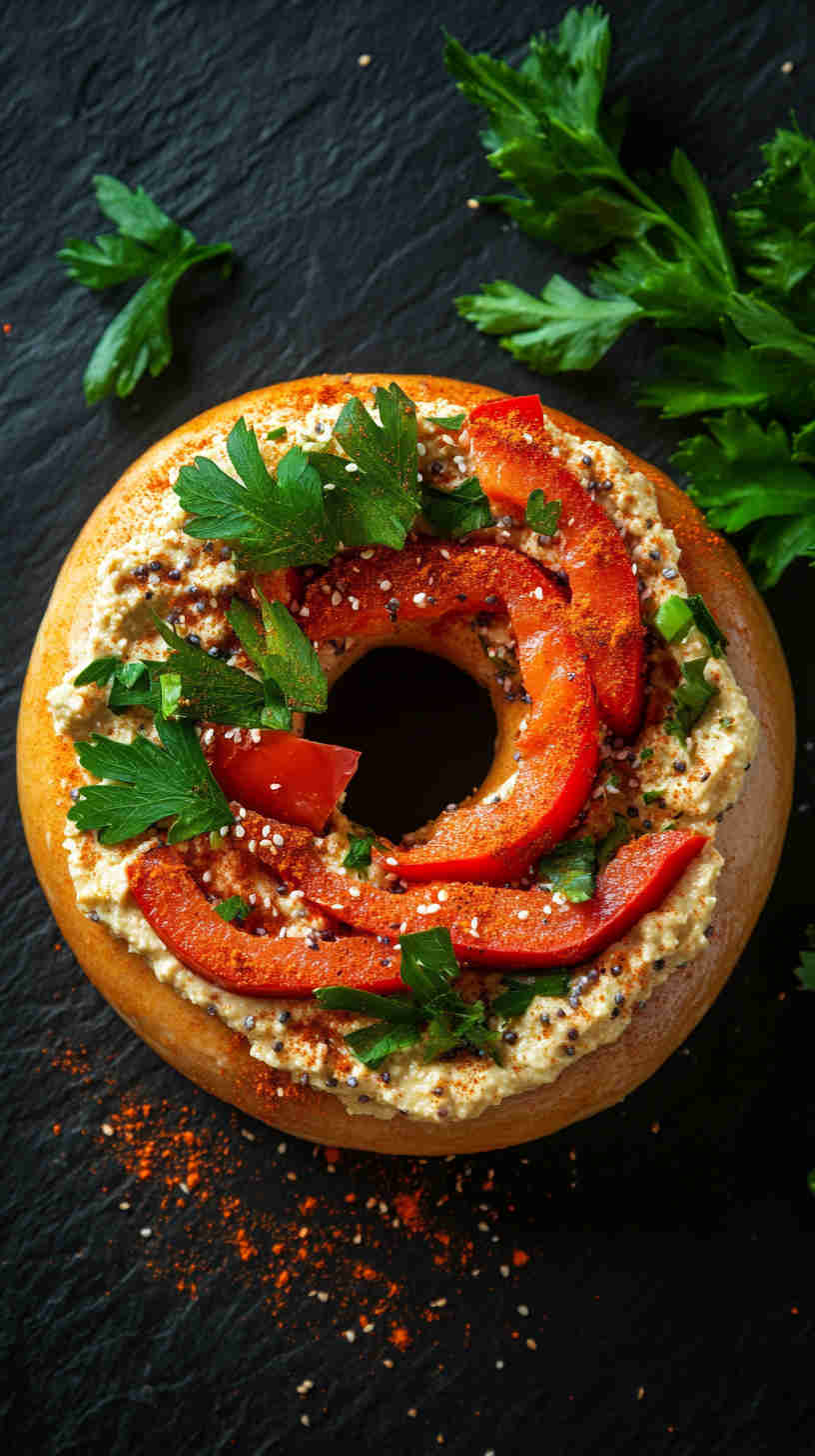 Hummus and Roasted Red Pepper Bagel
