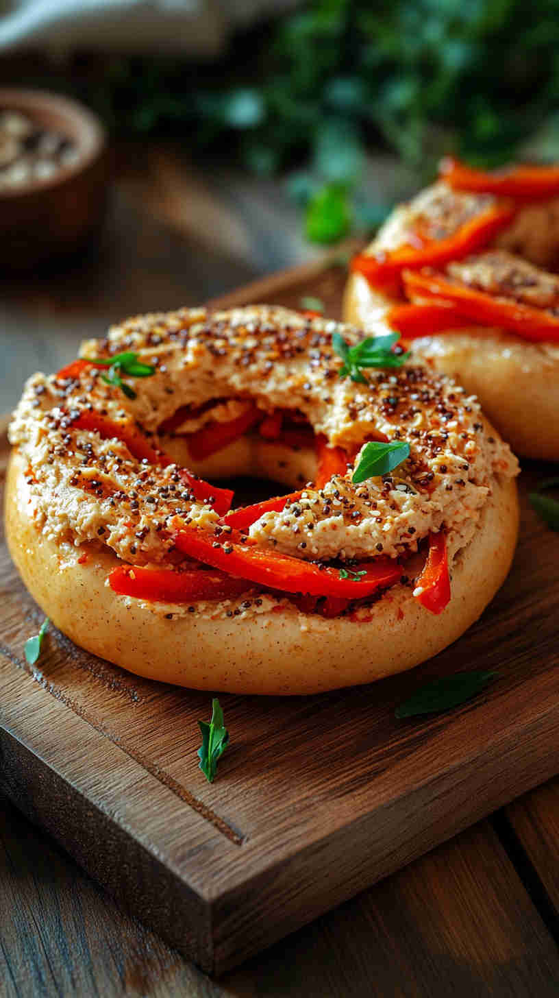 Hummus and Roasted Red Pepper Bagel
