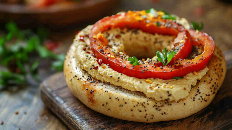 Hummus and Roasted Red Pepper Bagel