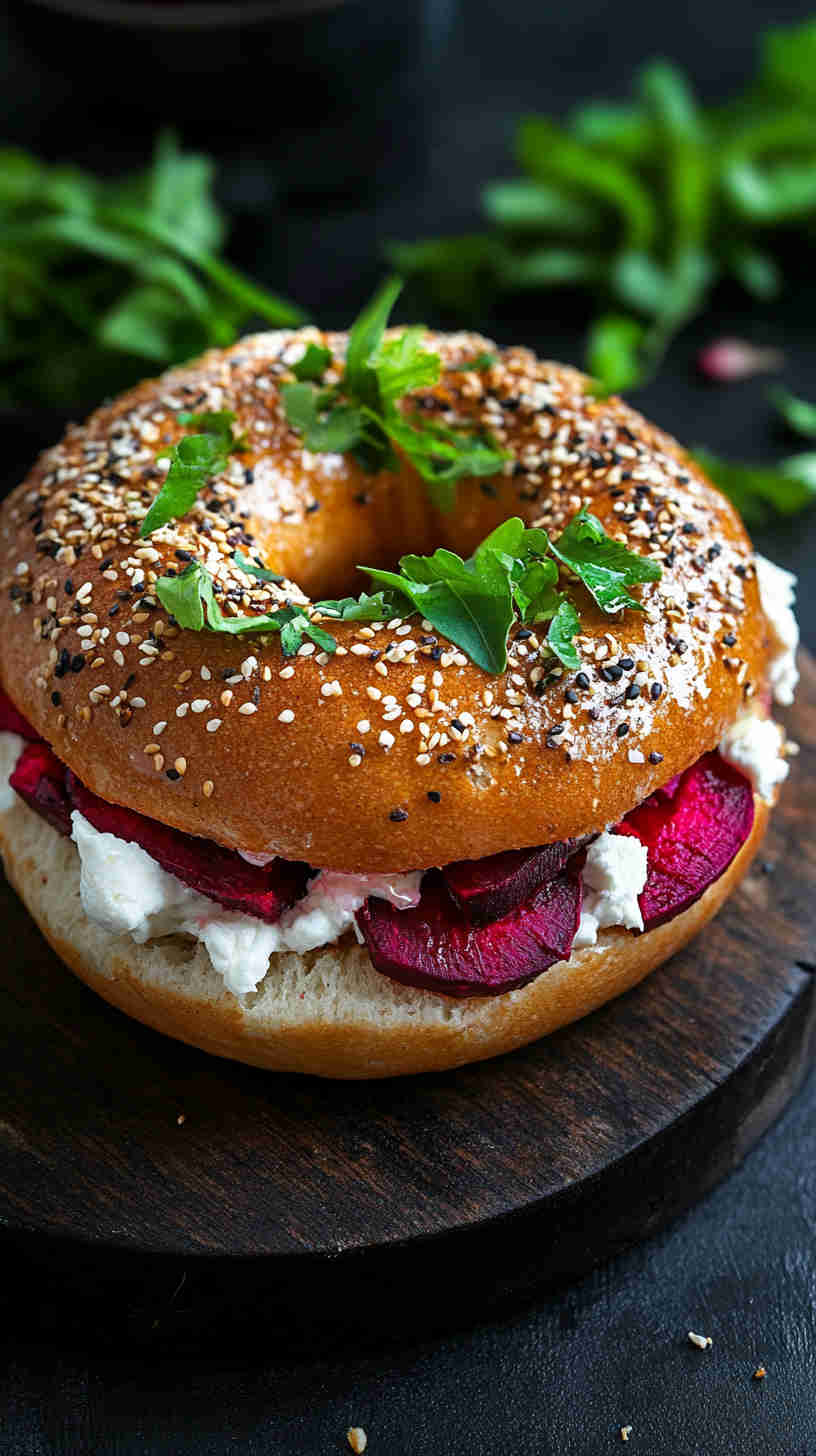 Roasted Beet and Goat Cheese Bagel