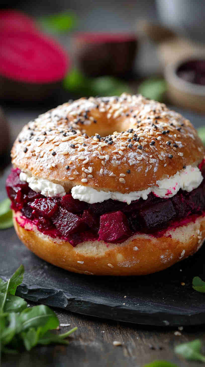 Roasted Beet and Goat Cheese Bagel