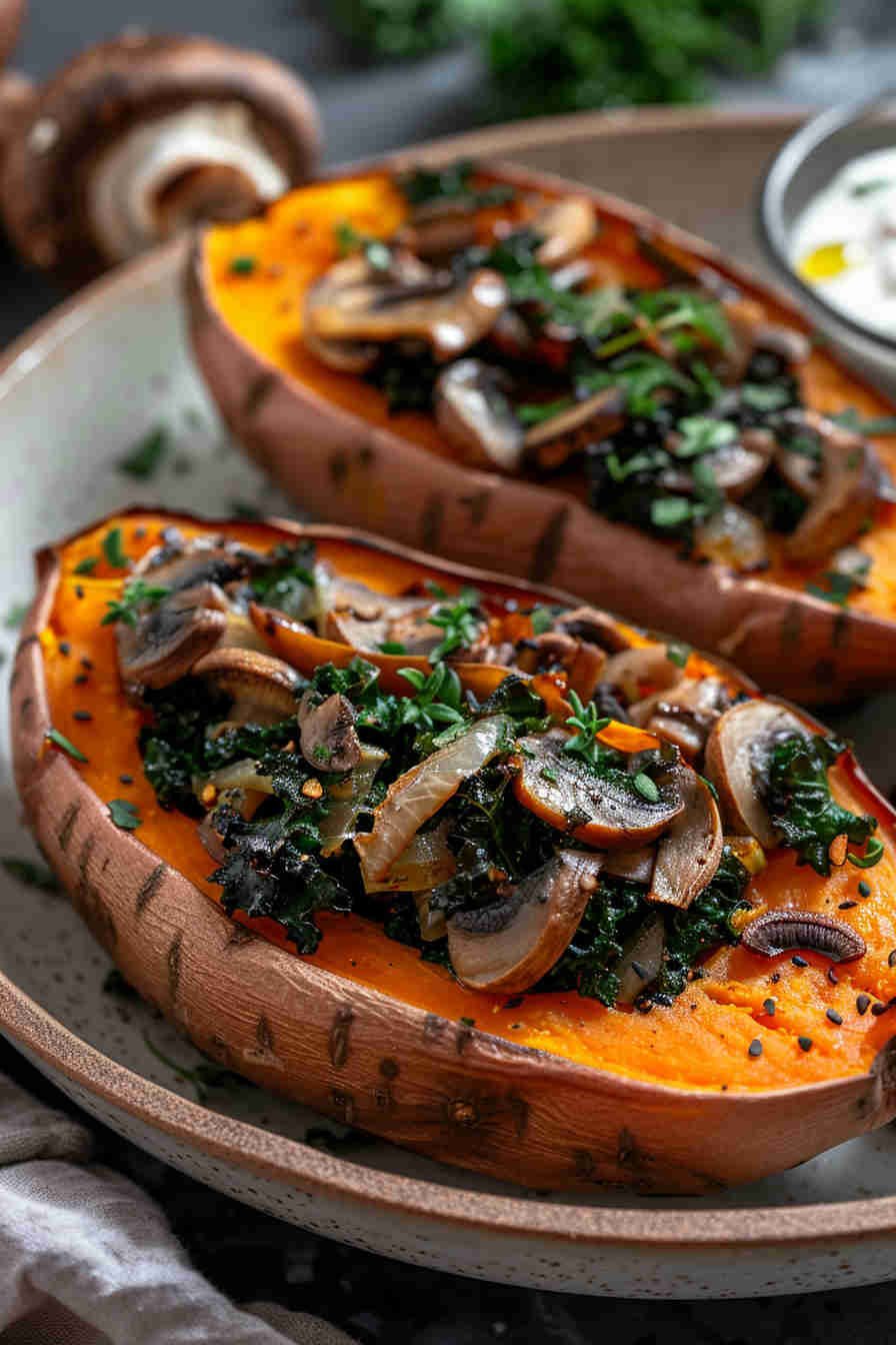 Mushroom & Kale Stuffed Sweet Potatoes
