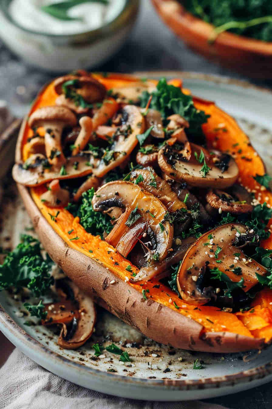 Mushroom & Kale Stuffed Sweet Potatoes