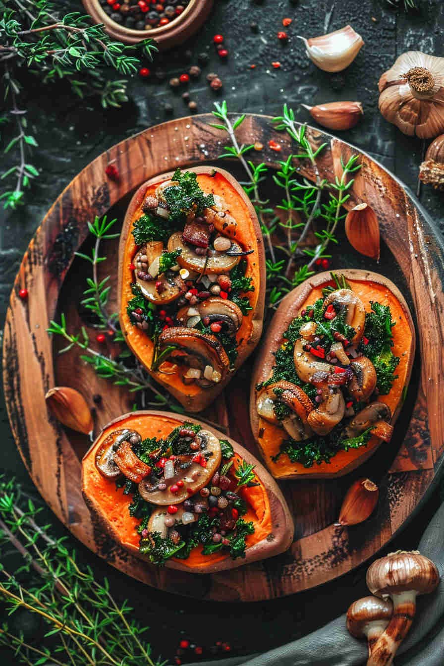 Mushroom & Kale Stuffed Sweet Potatoes