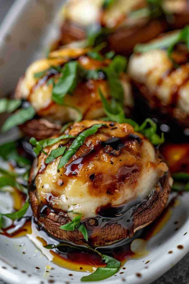 Baked Cap Mushrooms with Mozzarella & Basil