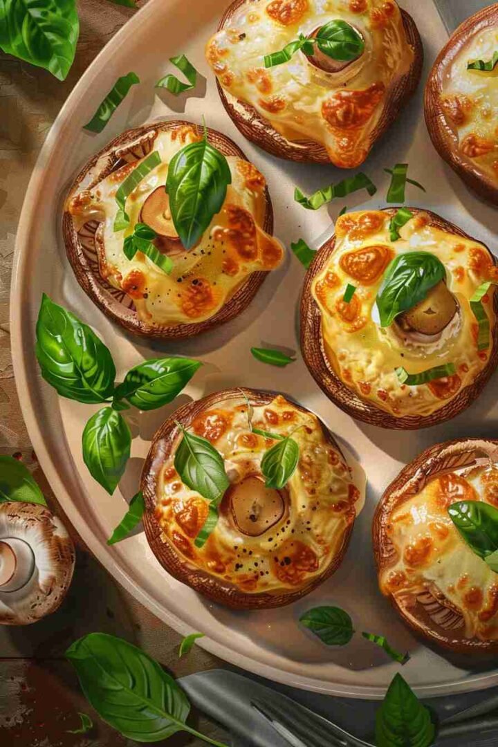 Baked Cap Mushrooms with Mozzarella & Basil