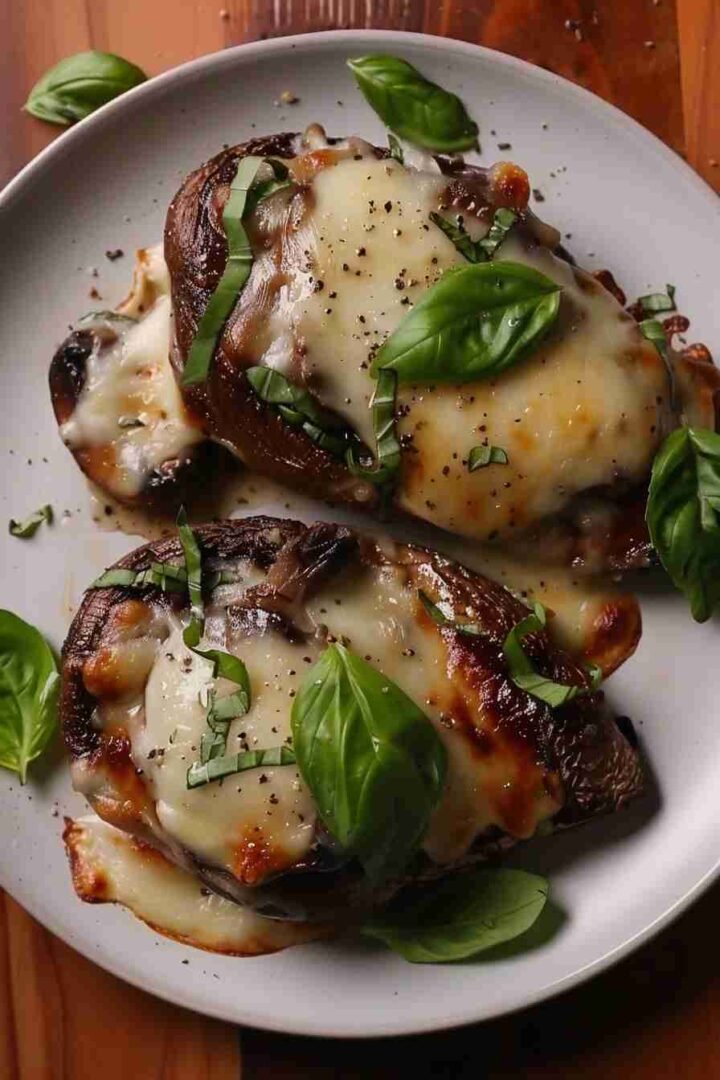 Baked Cap Mushrooms with Mozzarella & Basil