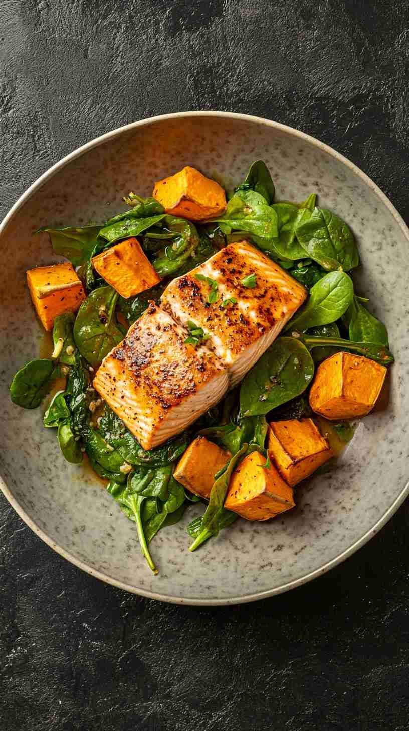 Baked Salmon with Sweet Potato and Spinach