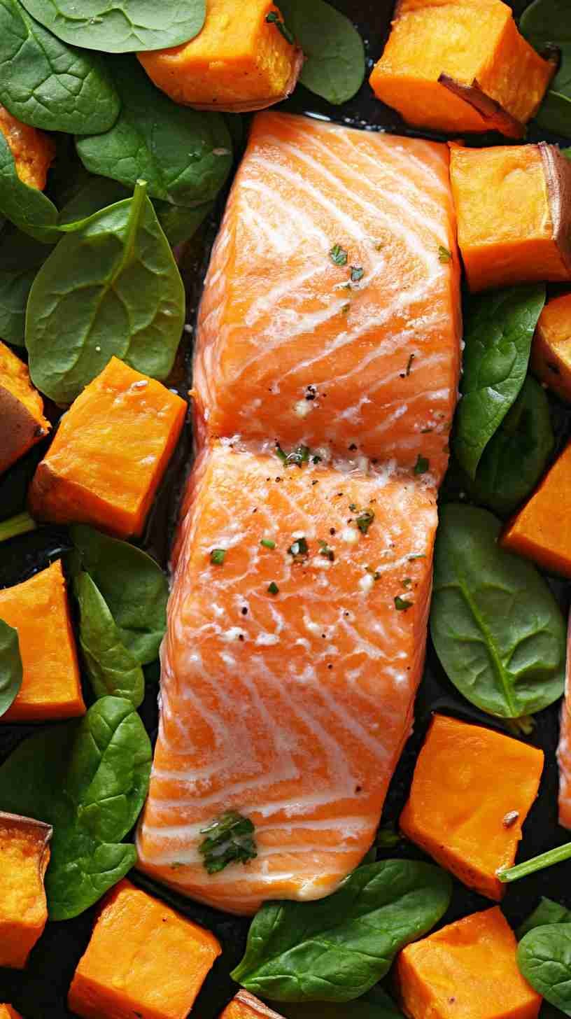 Baked Salmon with Sweet Potato and Spinach