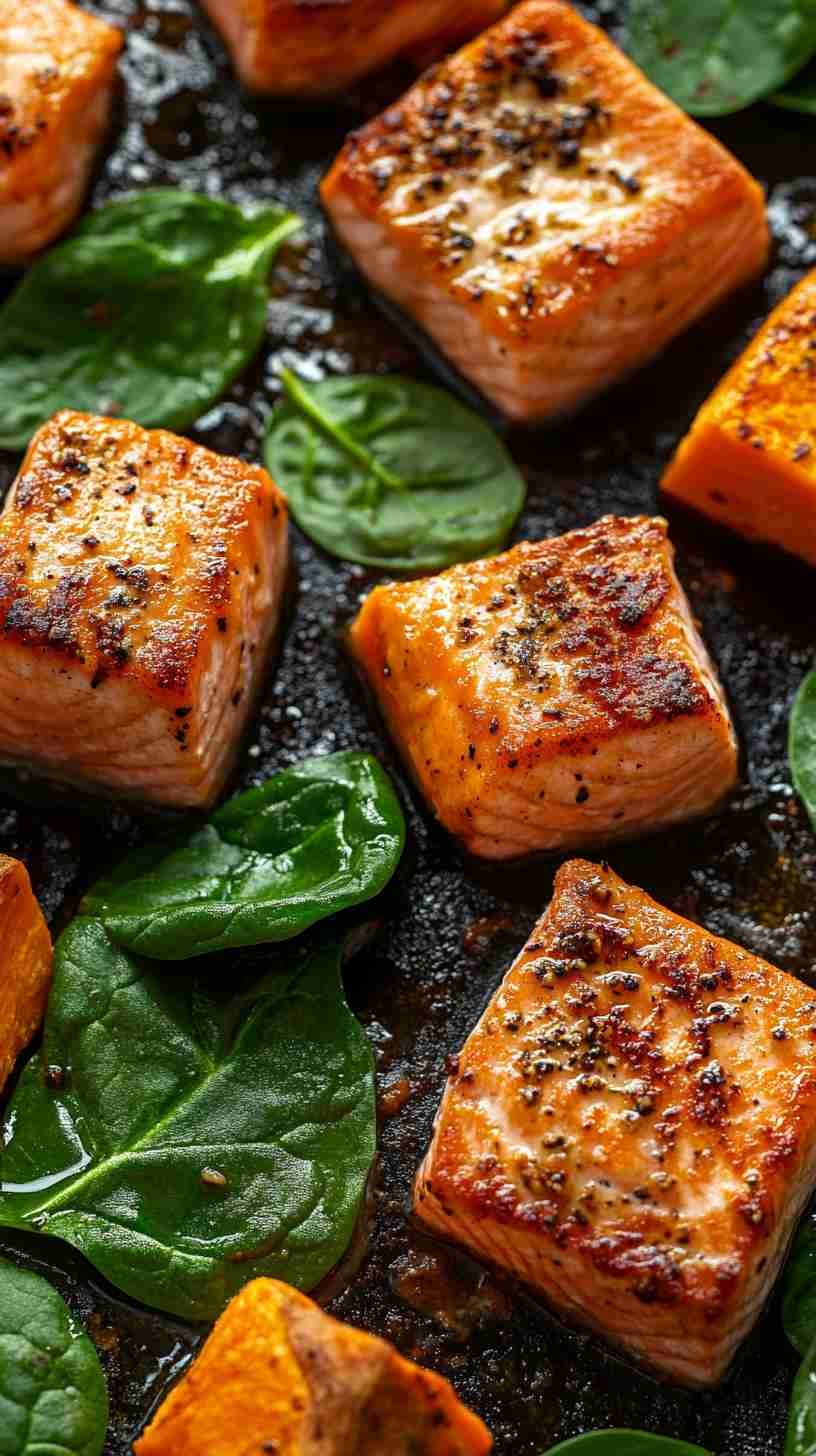 Baked Salmon with Sweet Potato and Spinach