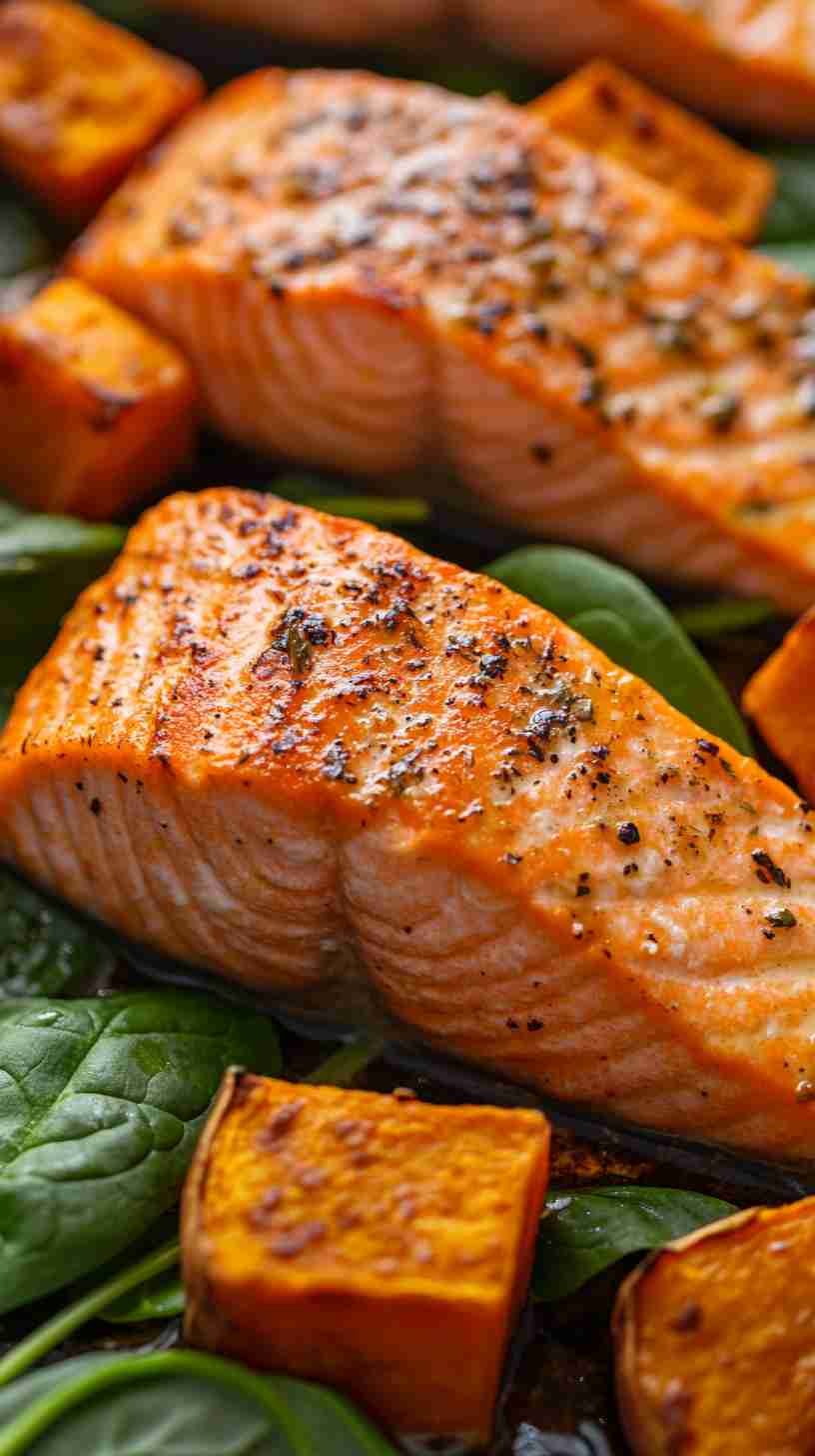 Baked Salmon with Sweet Potato and Spinach