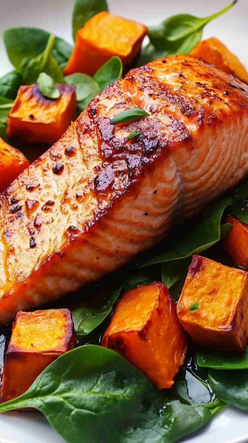 Baked Salmon with Sweet Potato and Spinach