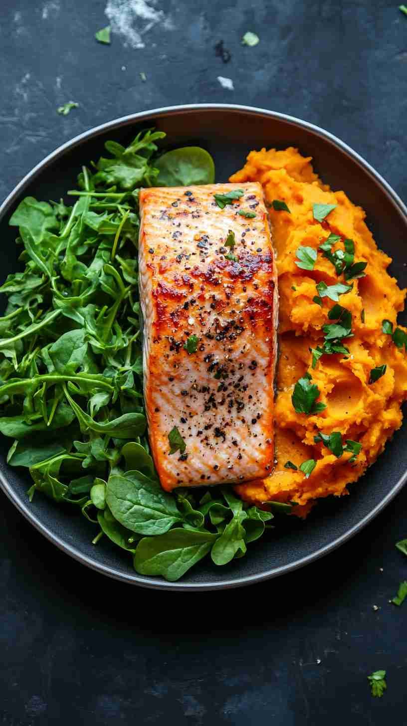 Baked Salmon with Sweet Potato and Spinach