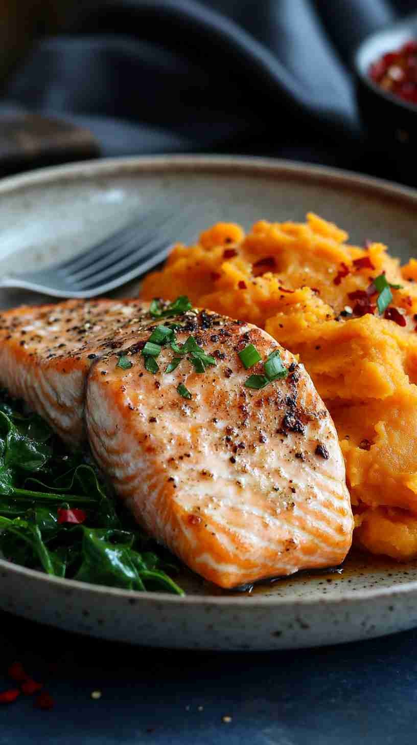 Baked Salmon with Sweet Potato and Spinach