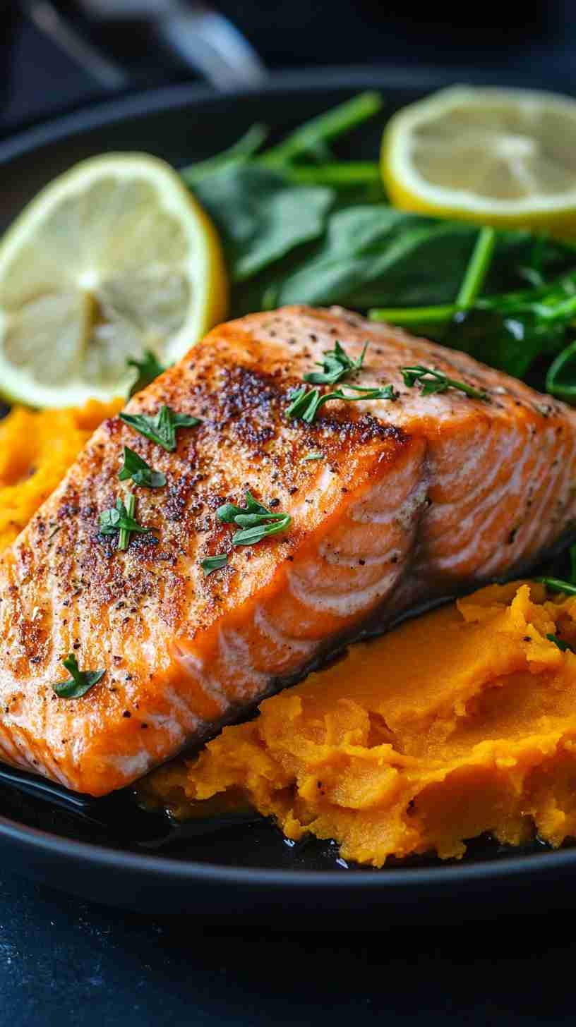 Baked Salmon with Sweet Potato and Spinach