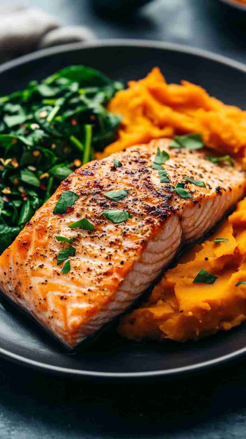 Baked Salmon with Sweet Potato and Spinach