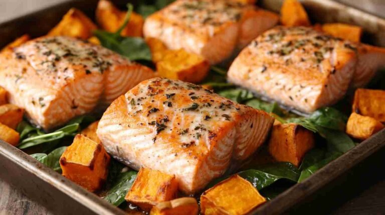 Baked Salmon with Sweet Potato and Spinach