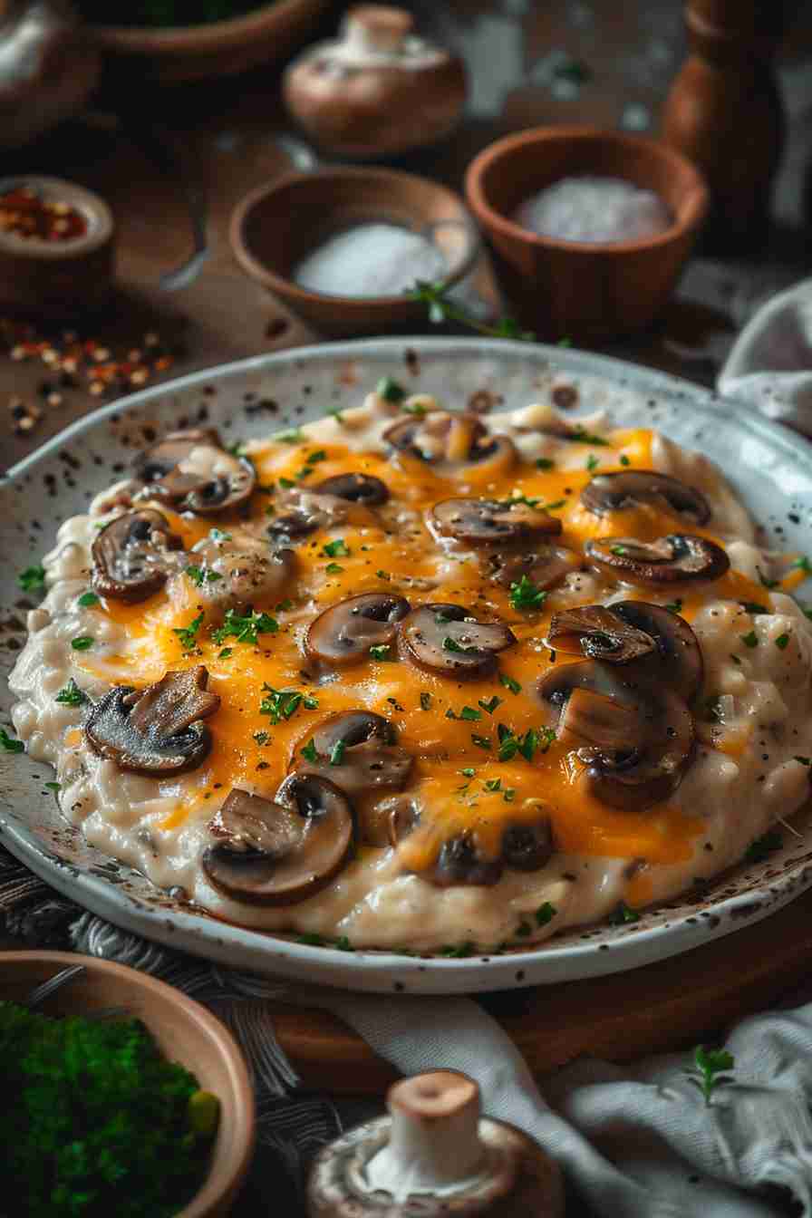 Cap Mushroom Casserole with Cheese Topping