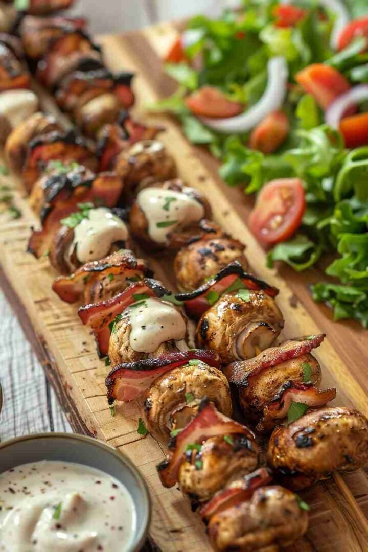 Cap Mushroom and Bacon Skewers