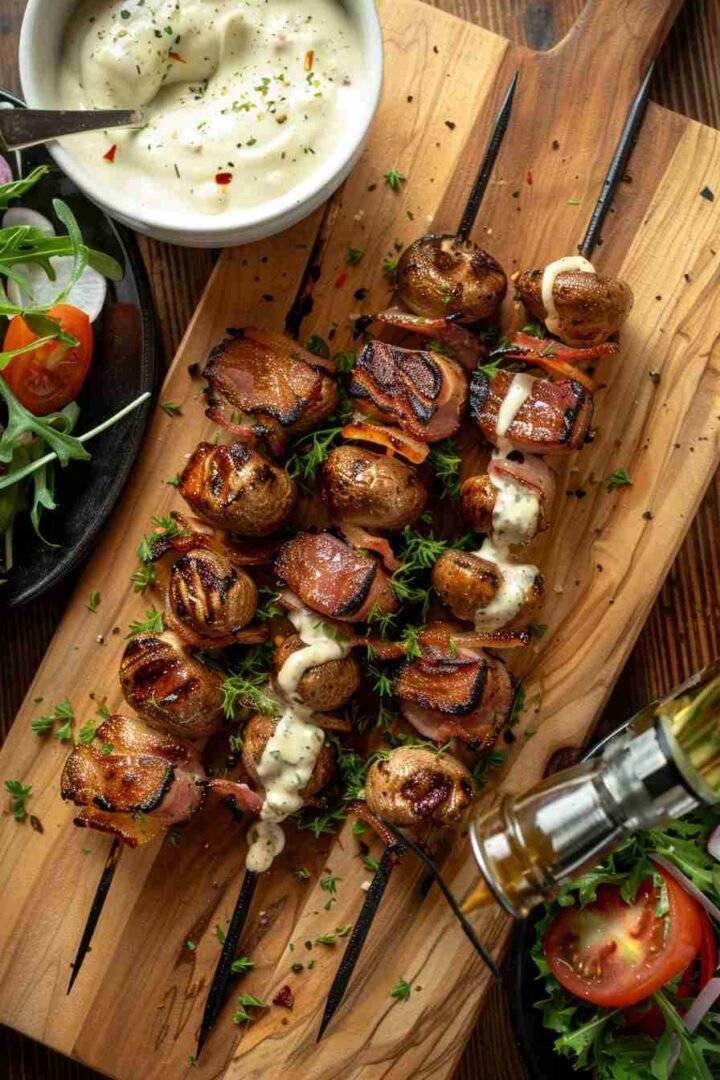 Cap Mushroom and Bacon Skewers