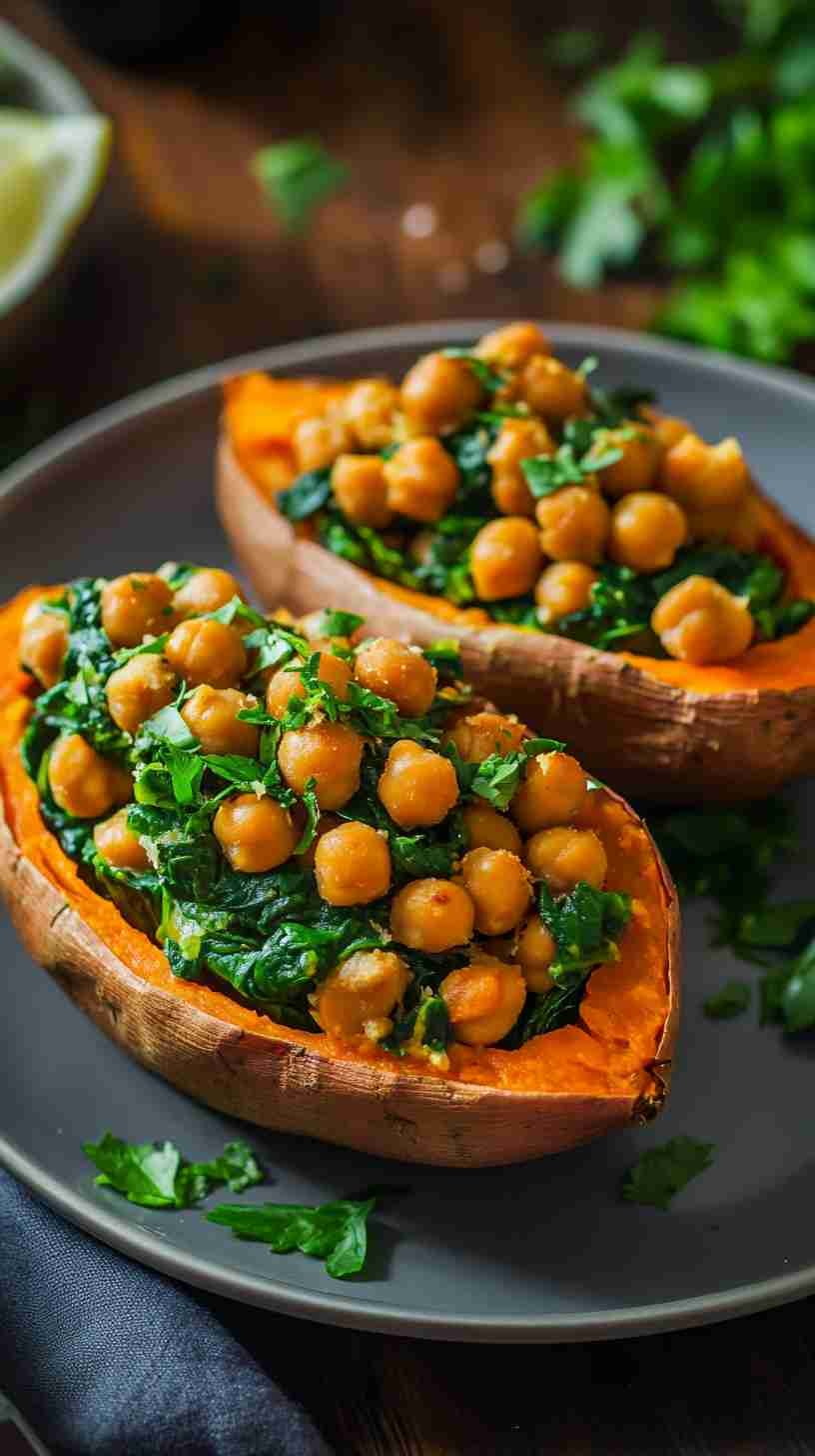 Chickpea and Spinach Stuffed Sweet Potatoes