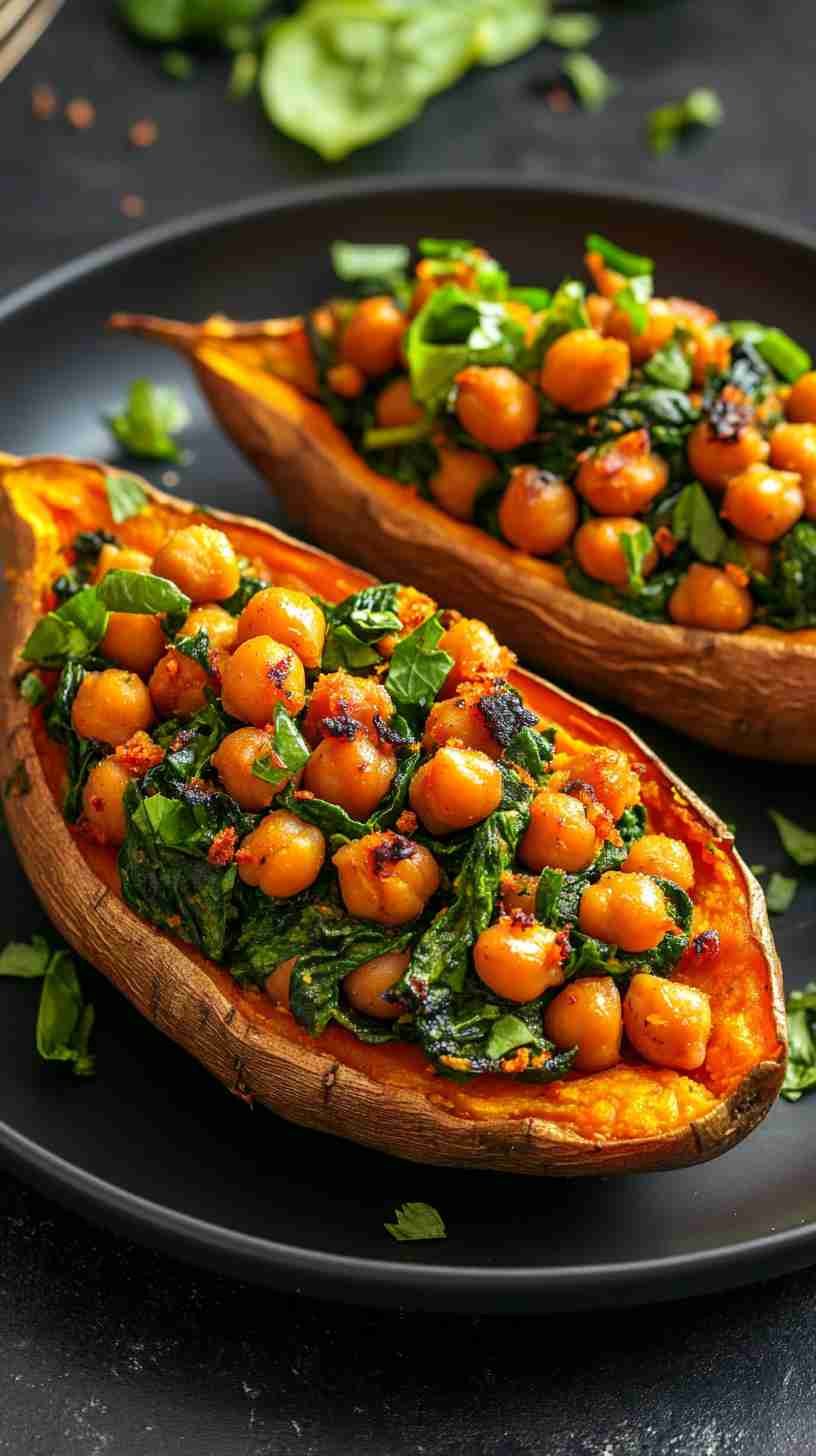 Chickpea and Spinach Stuffed Sweet Potatoes