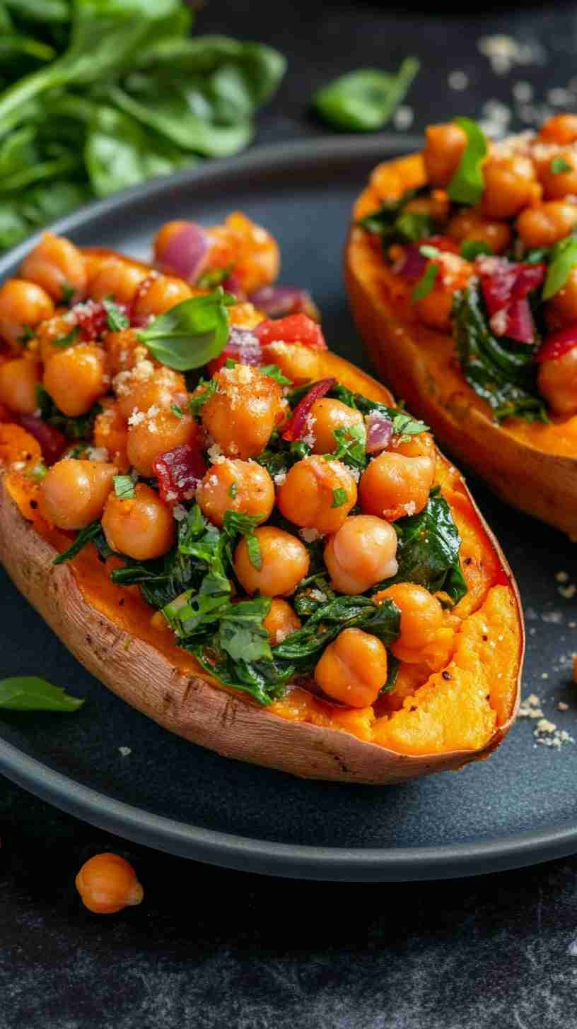 Chickpea and Spinach Stuffed Sweet Potatoes