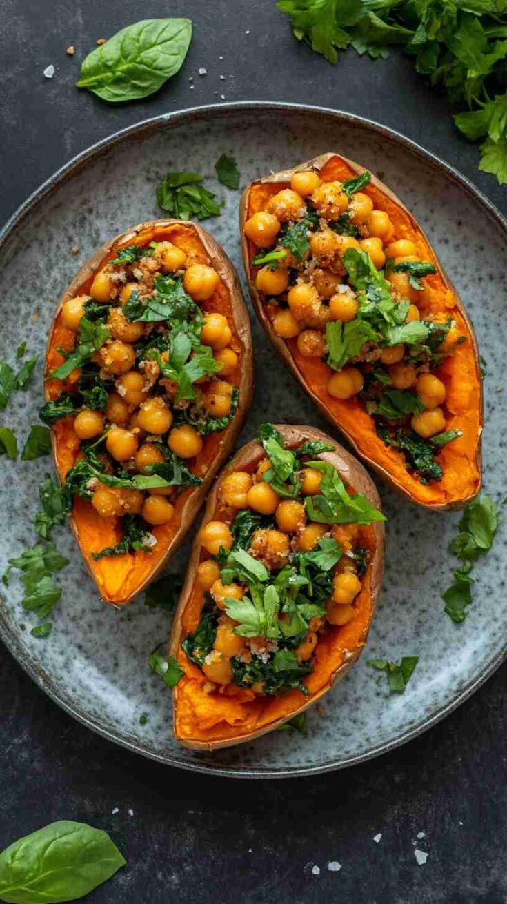 Chickpea and Spinach Stuffed Sweet Potatoes