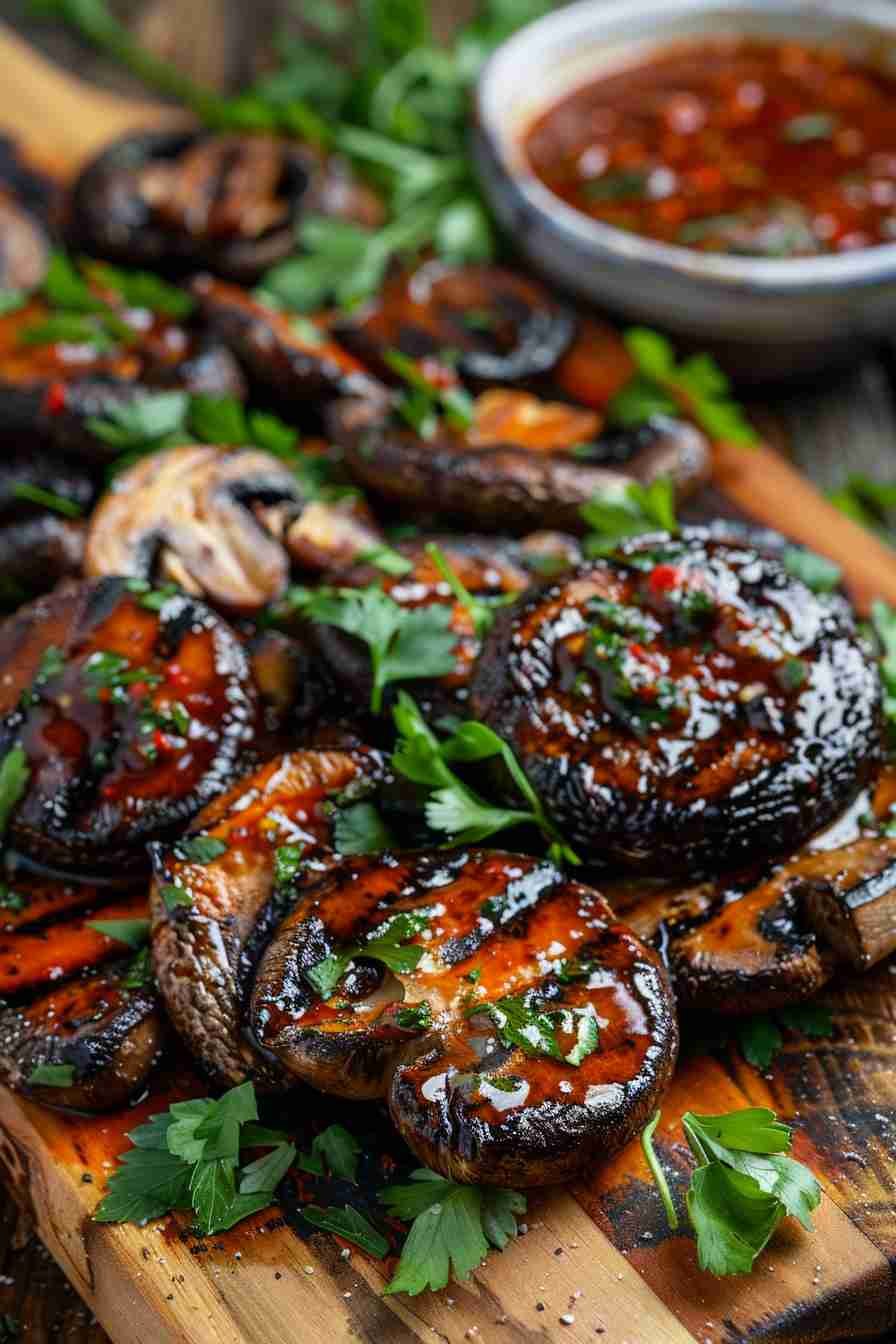 Grilled Cap Mushrooms with Sweet Chili Sauce