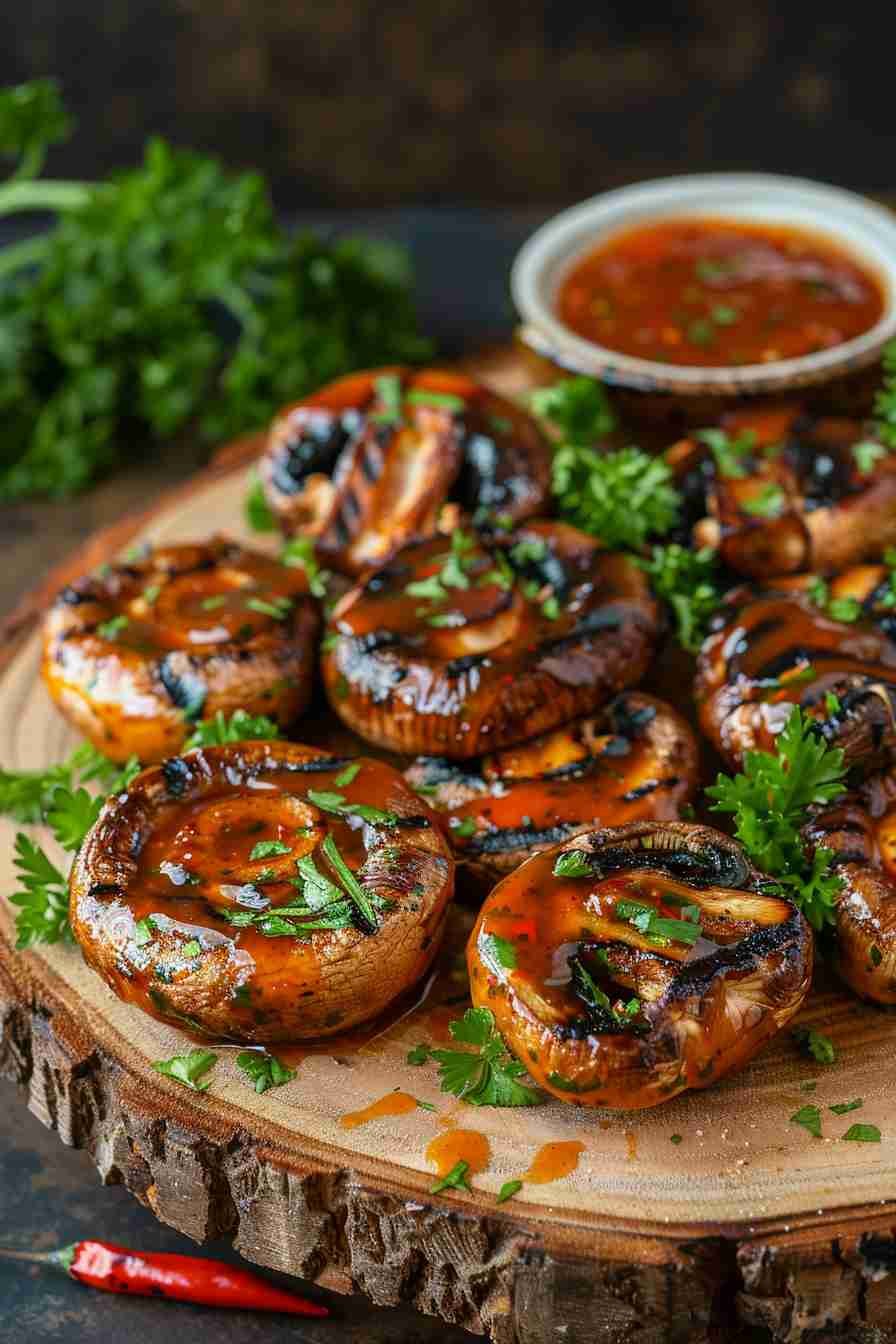 Grilled Cap Mushrooms with Sweet Chili Sauce