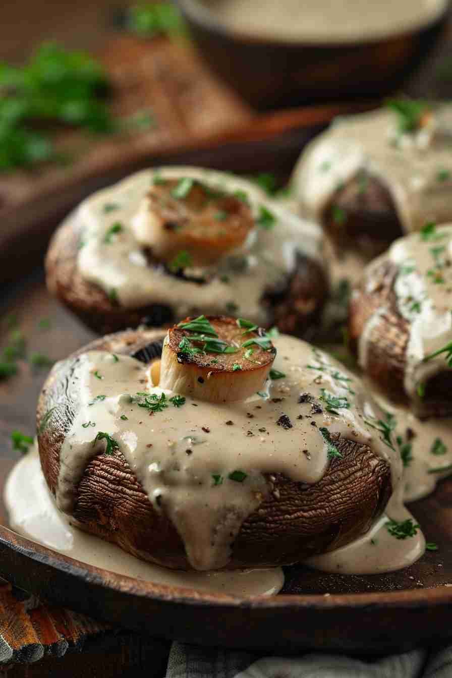 Roasted Cap Mushrooms with Herb Cream Sauce