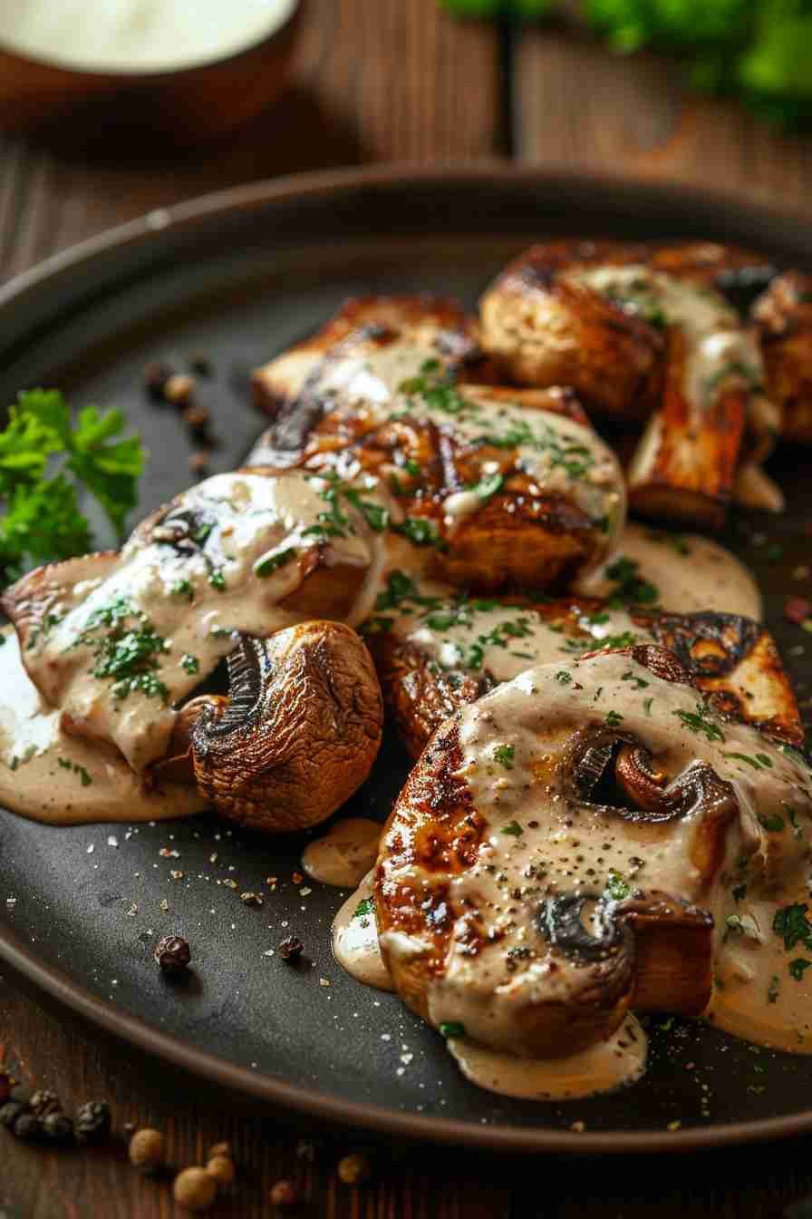 Roasted Cap Mushrooms with Herb Cream Sauce