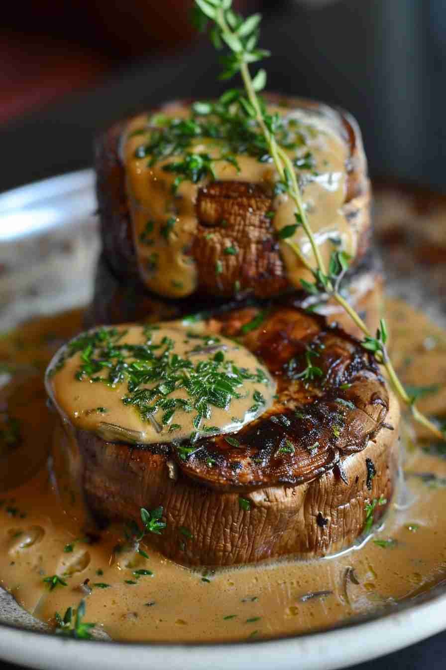 Roasted Cap Mushrooms with Herb Cream Sauce