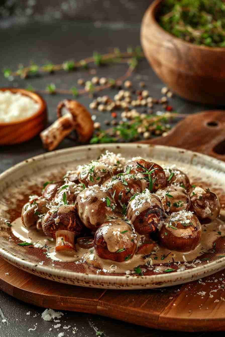 Roasted Cap Mushrooms with Herb Cream Sauce