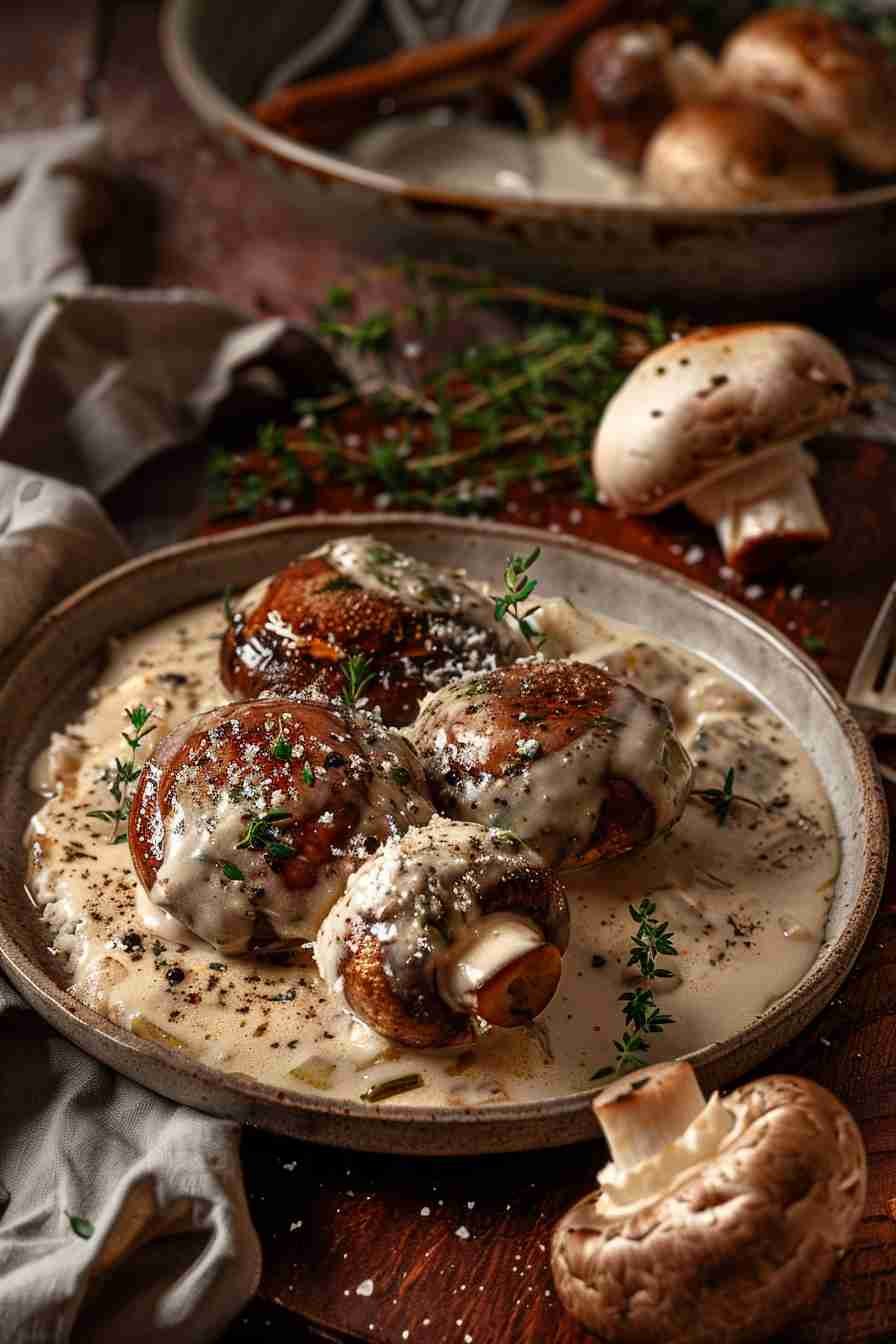Roasted Cap Mushrooms with Herb Cream Sauce