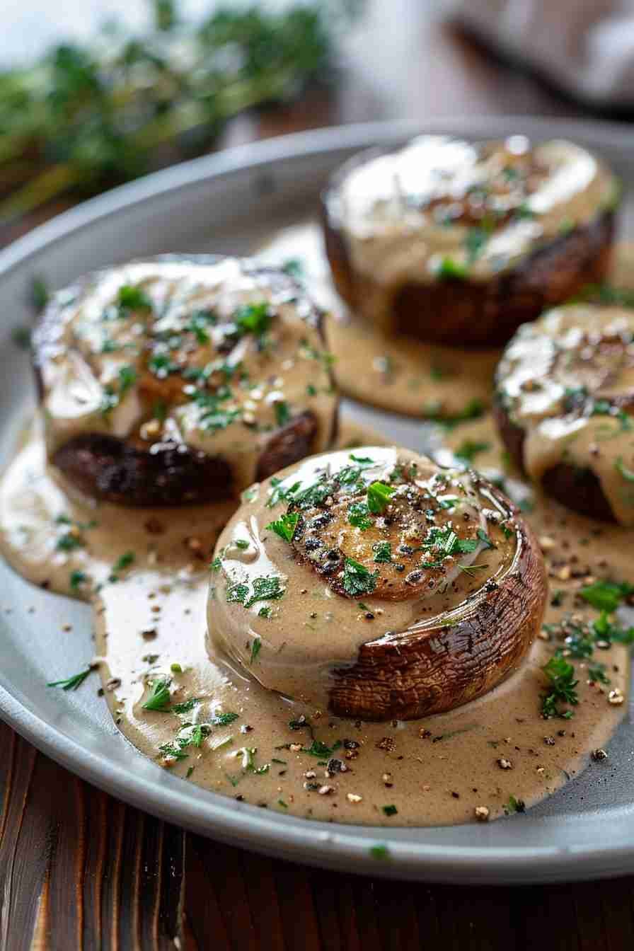 Roasted Cap Mushrooms with Herb Cream Sauce
