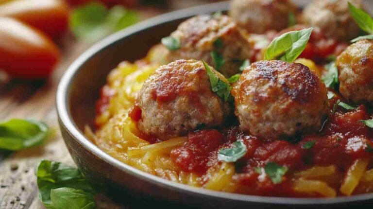 Spaghetti Squash with Turkey Meatballs and Tomato Sauce