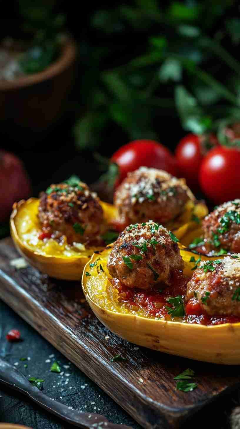 Spaghetti Squash with Turkey Meatballs and Tomato Sauce
